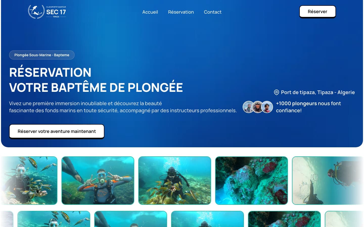 The Club SEC 17 reservation page: a full-width underwater hero reading Réservation votre baptême de plongée, with a single booking call to action and a gallery of dive photography below it.