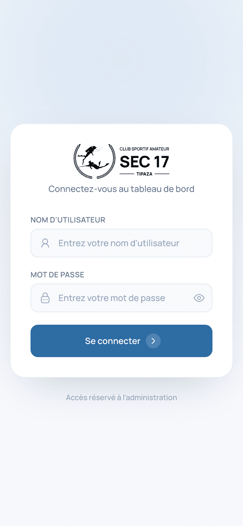The staff sign-in screen at phone width, the crest and both fields centred in a single card.
